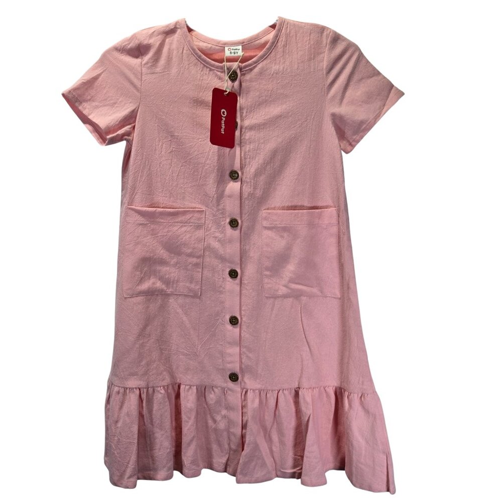 NWT Girl’s Pink Button-Up Dress with Pockets – Size 8-9